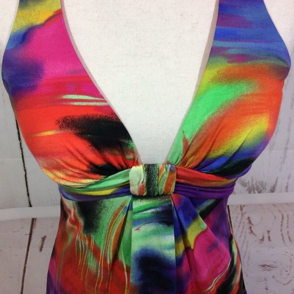 NWT Cache Halter Dress Sexy Knit Colorful Plunge Neck Tropical Bodycon Size 10 - Picture 5 of 13